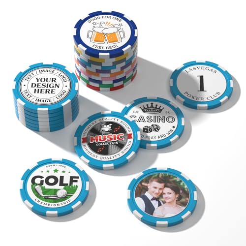 50Pcs Custom Clay Chips 40mm - Double-Sided Full-Color Printing, Personalized Logo/Text/Images for Poker, Casino Nights, Business Promotions, Weddings, Kids Rewards and Corporate Gifts (Light Blue)