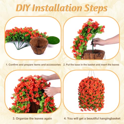 Image of Ammyoo Artificial Faux Hanging Flowers Basket for Fall Outdoor Porch Decor | Fake Silk Colorful Morning Glory Eucalyptus in Planter UV Resistant Look Real for Home Balcony Yard(Orange)
