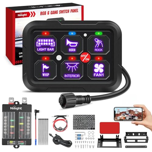 Image of Nilight 6 Gang Switch Panel Relay System w /APP Control Automatic Dimmable | RGB Backlight Panel Circuit Control 2-side Output Fuse Wiring Harness ON Off LED Switch Pod for 12V 24V Car Truck Camper SUV
