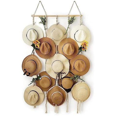 HYDERMUS Hat Rack for Wall 31x53 in Hat Organizer with 15 Clips Hanging Macrame Hat Hangers for Wide Brimmed Hat Display Women Hat Storage Boho Hat Hanger Decorative Hat Holder for Fedora Cowboy Hat Cover