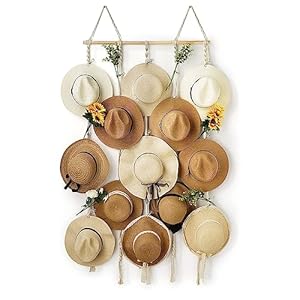HYDERMUS Hat Rack for Wall 31×61 in Hat Organizer with 15 Clips Hanging Macrame Hat Hangers for Wide Brimmed Hat Display Women Hat Storage Boho Hat Hanger Decorative Hat Holder for Fedora Cowboy Hat
