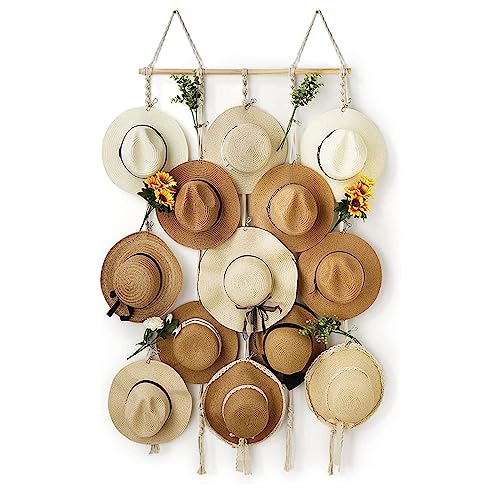HYDERMUS Macrame Hat Rack for Wall 31x53 in Hat Organizer with 15 Clips Hanging Hat Hangers for Wide Brimmed Hat Display Women Hat Storage Boho Hat Hanger Decorative Hat Holder for Fedora Cowboy Hat