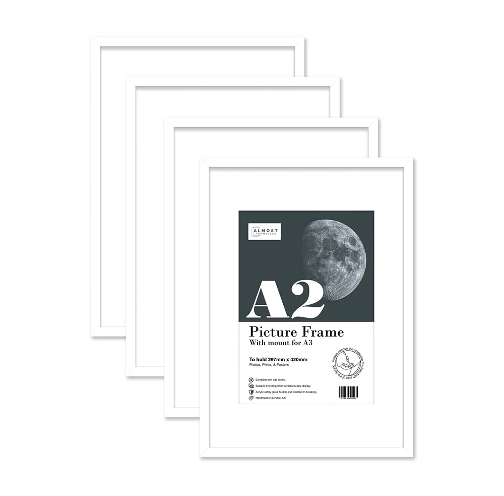 Almost Frameless White A2 Picture Frame Set Of 4, Display A3 Pictures With Mount Or A5 Without Mount Gallery Wall, Poster, Photo, Artwork, Or Print,
