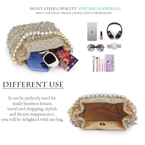 Image of Nevis PU Silk Women's Pearl & Bead Embellished Potli Bag with Beaded Handle | Designe Wedding & Festive Handbag