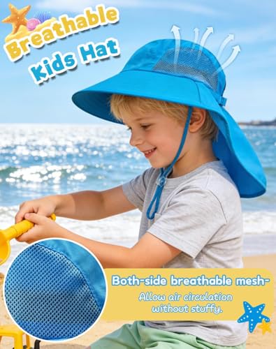 Image of Rosoz Kids Sun Hat with Neck Flap UV Protection Summer Toddler Beach Hat Unisex Ponytail Hat Wide Brim Fishing Hat