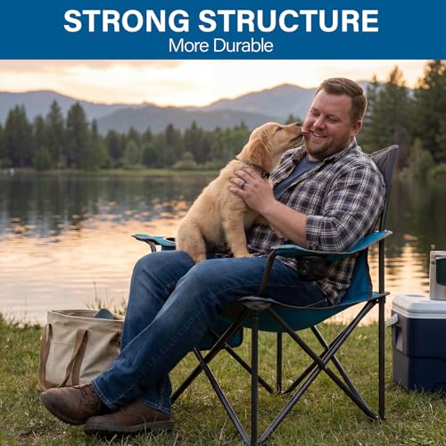 Spacious Camping Chair Set for Adults - 2 Pack Padded Outdoor Chairs with Cup Holder & Side Pocket, Durable Folding Lawn Chairs for Camping, Sports, Picnic, Beach, Blue - Image 4