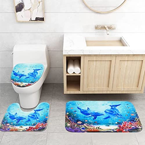 Yizheer 4Pcs Blue Ocean Dolphin Shower Curtain Sets With Non-Slip Rugs, Toilet Lid Cover And Bath Mat, Haunted House Waterproof Shower Curtains Bathroom Decor Set #TOP2