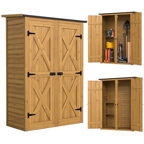 Outsunny Abri de Rangement en Bois, Cabane de Jardin avec 2 Étagères, Double Portes et Loquets, Armoire à Outils avec Toit Incliné...