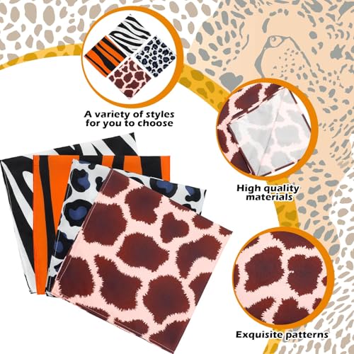 Toulite 24 Pcs Animal Print Bandana Pattern Scarves 4 Styles 20x20 Inch Bandanas for Women Men, Halloween Fashion Head Wrap Neck Scarf (leopard/tiger/zebra/giraffe)3