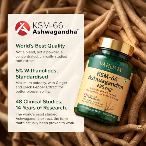 Image of VAHDAM KSM-66 Ashwagandha Capsules | 600mg Root Extract, 5% Withanolides | Supports Stress, Cortisol & Stamina | 60 Veg Capsules