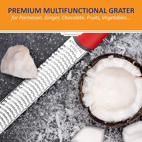 Image of Lemon Zester Grater with Handle, Kitchen Tool for Zesting Citrus Fruits & Finely Grating Parmesan Cheese, Garlic, Ginger, Coconut, Chocolate, Stainless Steel (Red)