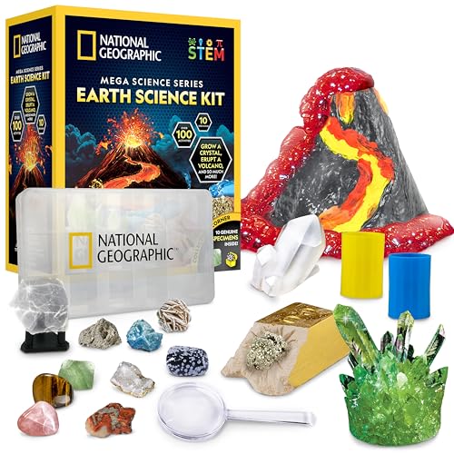 NATIONAL GEOGRAPHIC Earth Science Kit - Over 15 Science Experiments & STEM Activities for Kids, Crystal Growing, Erupting Volcanos, 2 Dig Kits & 10 Genuine Specimens, a Great STEM Science Kit