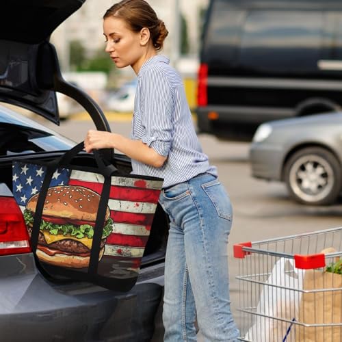 Hamburger American Flag Large Insulated Tote Bag for Grocery Shopping Reusable Tote Bags for Women Men, Cooler Bag with Zippered Top & Handles for Beach Picnic Travel4