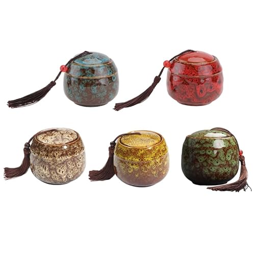 Happyyami Ceramic Tea Storage Jars 5 Pack Sealed Canisters with Lids 2.44 Inch Airtight Containers for Tea Leaves Coffee Sugar Kitchen Organizers