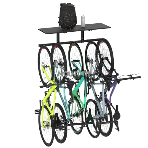 Mount-It! WheelsUp Bike Storage Rack with Shelf | Wall Mounted Garage Organizer Holds 5 Bikes | Adjustable Padded Hooks, Max Capacity 385 lbs | Space-Saving Solution