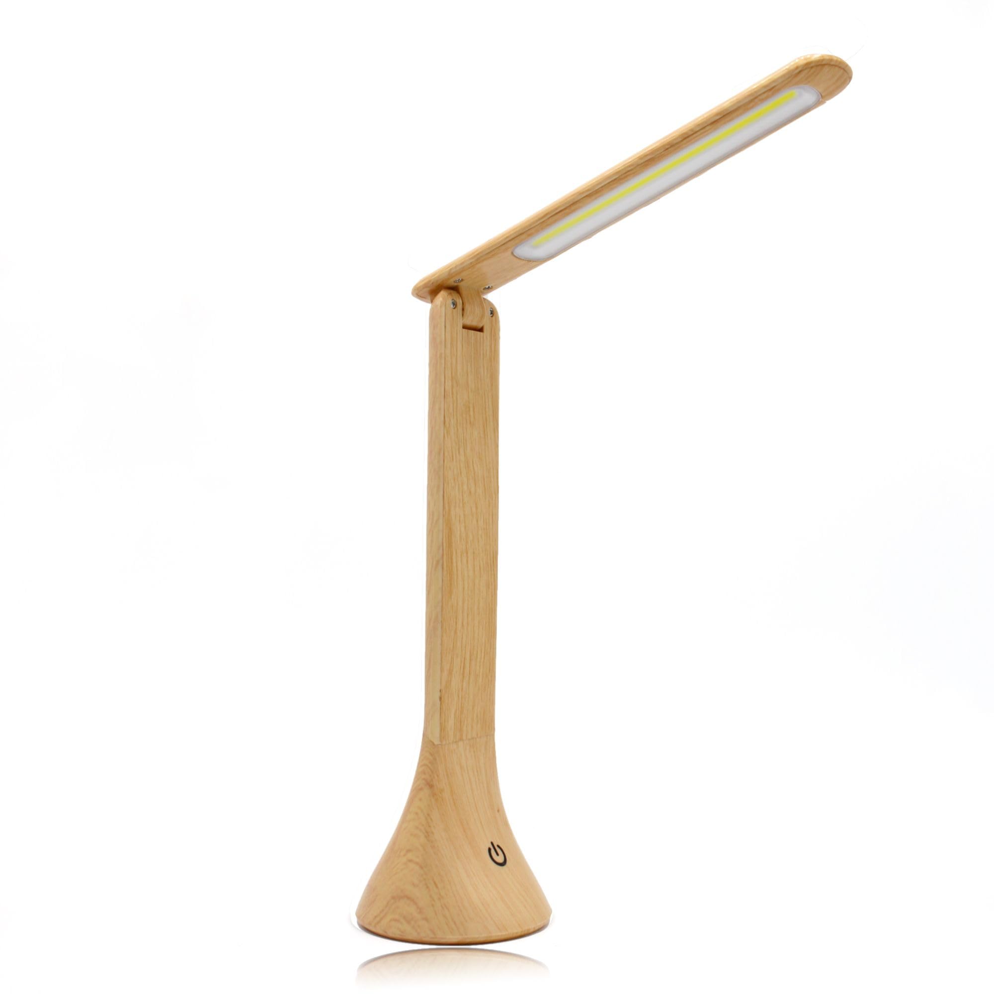 Fishtec Lámpara de Escritorio de LED - 20 LED COB - Lámpara de Mesa con Interruptor Táctil - 3 Niveles de luminosidad - Inclinable 180° - Alimentación por USB o pilas - 25 cm - Aspecto de madera