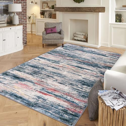 Teal Blue Peach Gray Multi 5x7 Modern Abstract Area Rug for Bedroom, Large Super Soft Washable Rug with Non-Slip, Non-Shedding Throw Rugs for Living Room, Indoor Door Mat For Office Home Décor