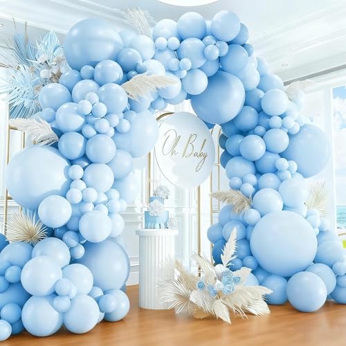 412pcs Pastel Blue Balloon Garland Arch Kit 18 12 10 5 Inch Different Sizes Light Blue Latex Balloons for Baby Gender Reveal Shower Birthday Festival Happy Sky Blue Theme Anniversary Party Decoration