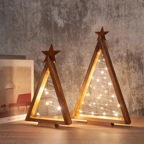 Décoration de Noël lumineuse de table, arbre en bois style ferme