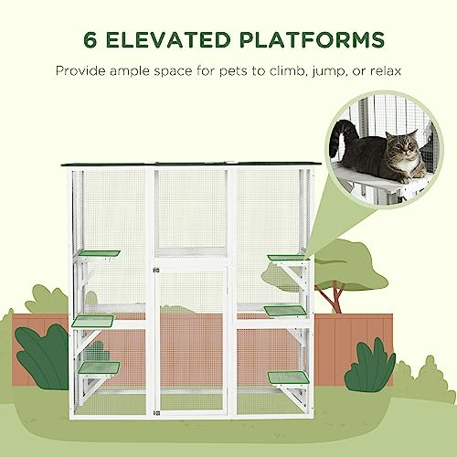 PawHut Outdoor Cat House Big Catio Wooden Feral Cat Shelter Enclosure with Large Spacious Interior, 6 High Ledges, Weather Protection Asphalt Roof, 71" L, White - Thumbnail 5