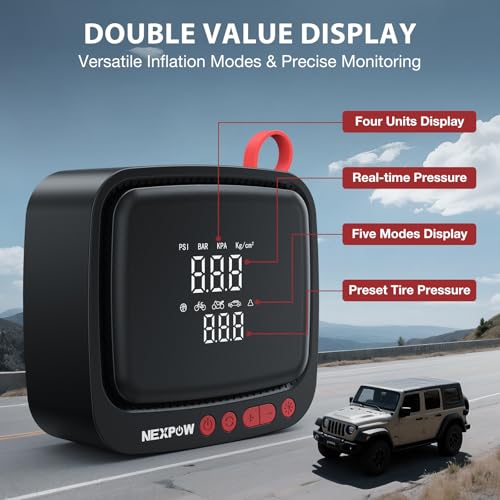 NEXPOW Tire Inflator Portable Air Compressor 150PSI 12V DC Air Pump with Dual Digital Pressure Gauge & Auto Shut-Off, Air Compressor Portable with LED Light for Car, Motorcycle, Bicycle, Ball and More