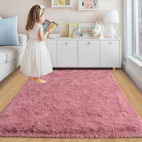 Fluffy Rug for Bedroom, 4x6 Blush Pink Shag Area Rug for Living Room, Soft Modern Indoor Fuzzy Plush Rug, Non-Slip Shaggy Carpet for Girls Kids Room Nursery Dorm Home Decor