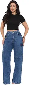 Calça Cargo Wide Leg Feminina Cintura Alta 100% Algodão Blogueira Streetwear
