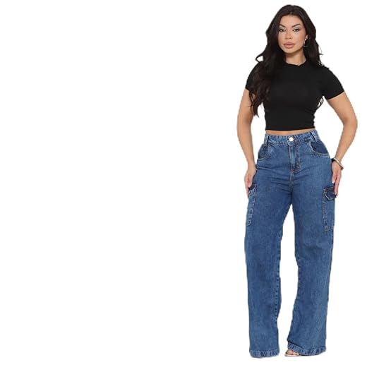 Calça Cargo Wide Leg Feminina Cintura Alta 100% Algodão Blogueira Streetwear
