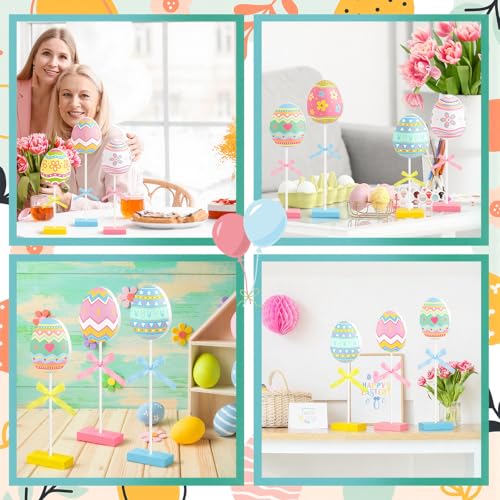 Image of Briwooody 6 Pcs Easter Table Decorations Eggs Wooden Sign Set Spring Tall Standing Sign Colorful Table Centerpiece Bunny Floral Pattern Tabletop Decor for Spring Party Easter Decorations Home