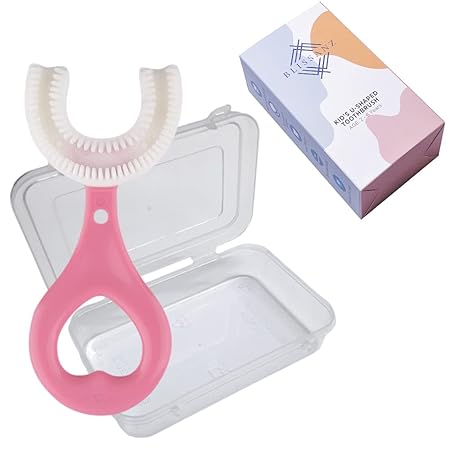 Blissanz U Shaped Toothbrush For Kids With Cover | 2-6 Years Aged Boys & Girls | Manual U Type 360 Degree Soft Silicone Oral Teeth Cleaning Gift For Baby Infant Toddler Children | Pink, Ebook Included