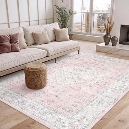 LIVEBOX Pink 5x7 Area Rug for Bedroom Girls, Boho Washable