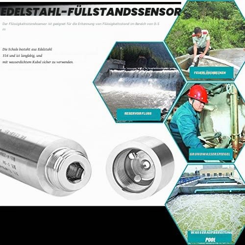 Fafeicy Flüssigkeitsstandsensor, 4-20mA, DC24V, Edelstahl, 0-5m Erfassungsbereich, 6m Kabellänge, 10x2,8cm