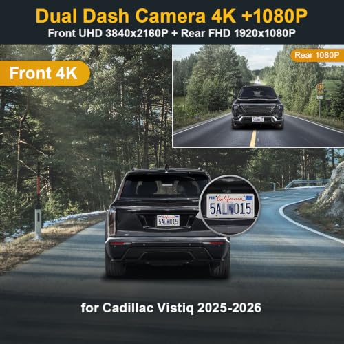 Dashcam frontal y trasera Fitcamx 4K con WiFi y sensor G para Cadillac Vistiq 2