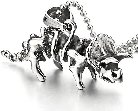 COOLSTEELANDBEYOND Vintage Steel Triceratops Dinosaurs Skeleton Pendant Necklace for Men Women, 30 inch Ball Chain