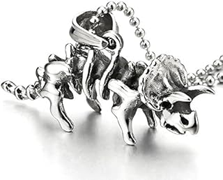 COOLSTEELANDBEYOND Vintage Steel Triceratops Dinosaurs Skeleton Pendant Necklace for Men Women, 30 inch Ball Chain