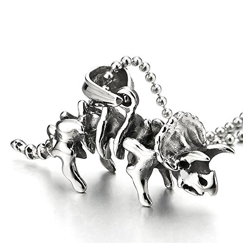 COOLSTEELANDBEYOND Vintage Triceratops dinossauros esqueleto colar com pingente para homem mulher, aço inoxidável, bola corrente 75 cm, Aço inoxidável, not-applicable