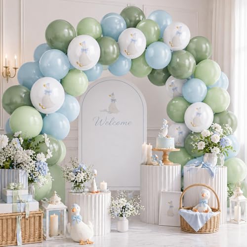 Image of Goose Balloons, 12 Inch Blue Green Goose Print Balloons for Farm Baby Shower Birthday Party Spring Supplies