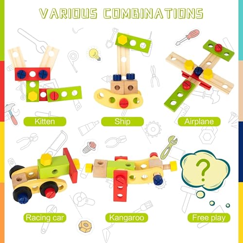Image of Wooden Tool Kit for Kids | Pretend Play Construction Toy Set | STEM Educational Mechanic Set for Boys and Girls (Ages 3-8) (Wooden Tool Kit 69Pcs)