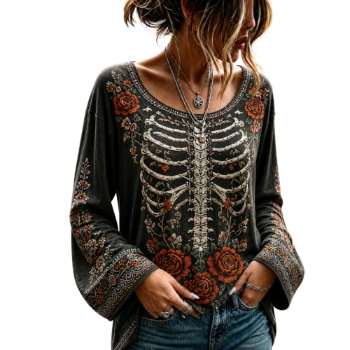 Womens Halloween Shirts Vintage Skeleton Crew Neck Bell Sleeve Top - image 1