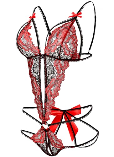 Image of Donnalla Women's Deep V Lace Teddy One Piece Lingerie Cutout Strappy Lingerie