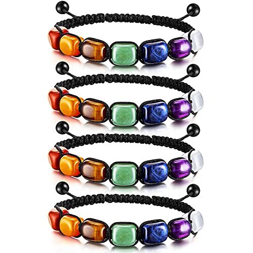 Hicarer 4 Pcs 7 Colored Chakra Bracelets for Women Men Colored Chakra Bracelets for Gifts Crystal Stretch Yoga Braided Rope Bead Reiki Wristlets