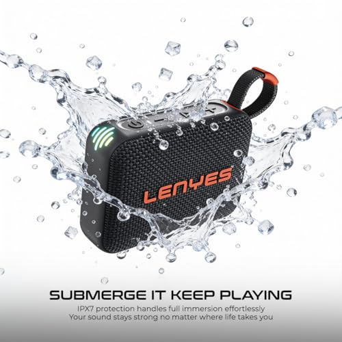 Image of Lenyes S216 Bluetooth Pocket Speaker, 6W, IPX7 Waterproof, Deep Bass, 5Hr Playtime, TWS Stereo, Bluetooth 5.0, TF Card, Carry Strap, Compact and Lightweight, Black