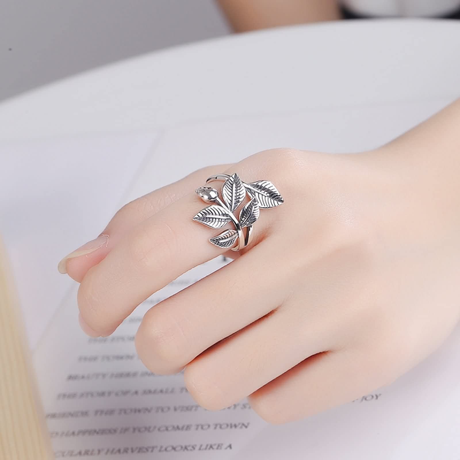 Anelli regolabili a foglia, anelli di fiori per donna in argento Sterling regolabile gioielli alla moda per lei, Adjustable, Argento sterling, Nessuna pietra preziosa