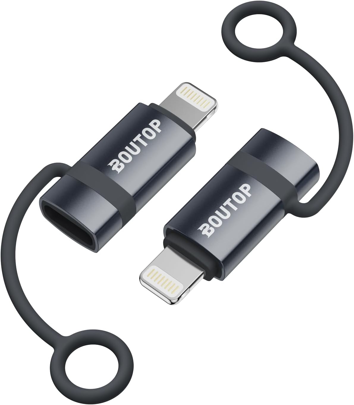 BOUTOP [MFi Certified] 36W USB C to Lightning Adapter (2 Pack) - Support PD Fast Charging/Data Sync, with Anti-Lost Silicone Holder for iPhone iPad AirPods, Reduces Cable Clutter