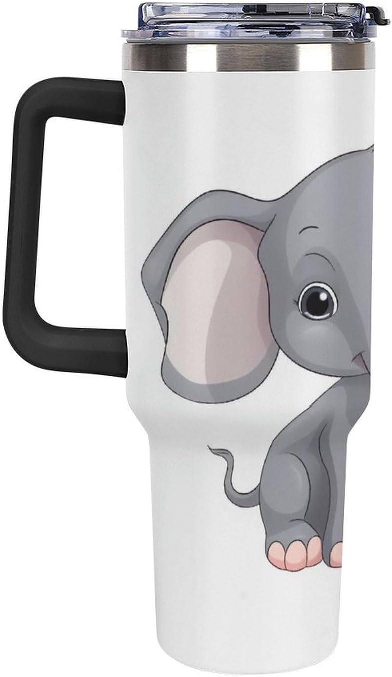 Cute Cartoon Elephant Travel Coffee Mug Reusable Durable Stainless Steel Insulated Tumbler with Handle And Straw Leak Resistant Portable Thermal Cup Gifts for Men Women 40 Oz