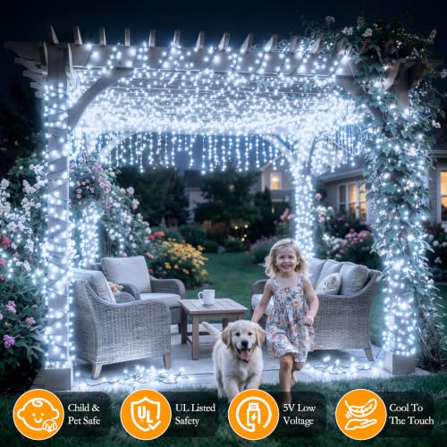 Image of 132FT 400 LED White Fairy Lights, Dark Green Wire 8 Modes Timer, IP44 Waterproof Outdoor Indoor String Lights for Patio Garden Backyard Bedroom Classroom Weeding Christmas Decor