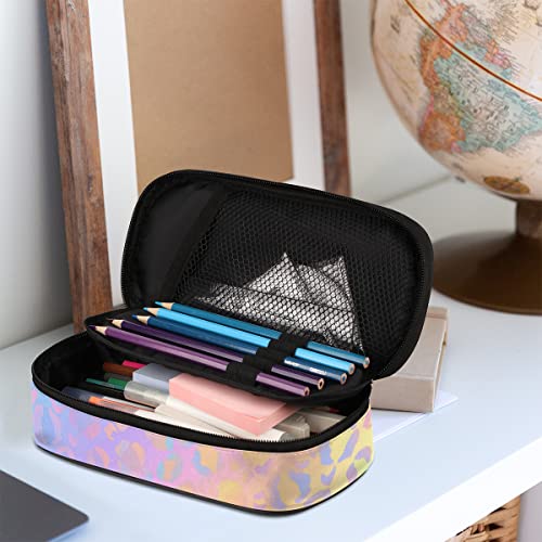 Image of Leopard Print Leather Pencil Case Pen Holder Large Capacity Black Stationery Organizer Pencil Bag with Zipper for Boys Girls Rainbow Leopard Skin Pencil Pouch Storage Box for School College Office