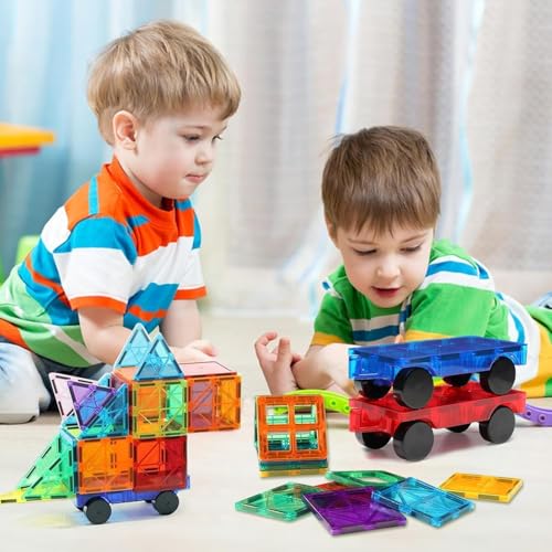 Image of ANVIE & ABEER Set of 20 Pcs Big (75mm) Magnetic Tiles with 2 Car Chassis of Random Colour | Magnetic Building Blocks | STEM Educational Construction Toy for Kids Boys & Girls