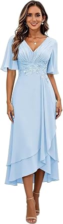 Chiffon Lace Mother of The Bride Dresses for Women A Line Tea Length Formal Wedding Guest Dress with Sleeves