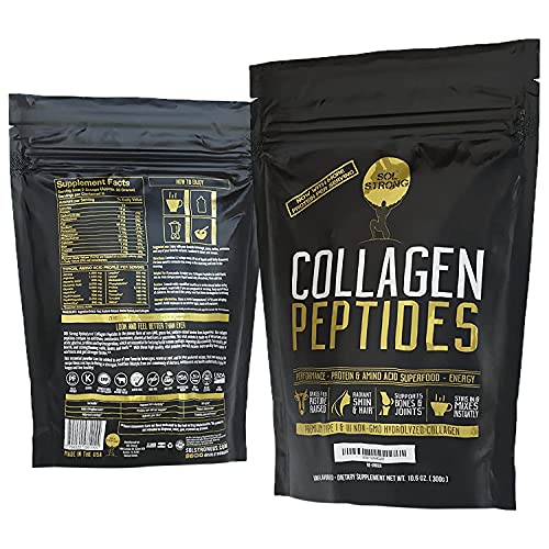 Collagen Peptides Protein Powder Sol Strong Collagen Powder Pasture-Raised, Non-GMO & Grass-Fed Hydrolyzed Collagen Peptides, Gluten-Free Certified Paleo & Keto Friendly, 10.6 oz USA